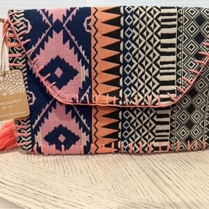 Cynthia Rowley New York Aztec Clutch Bag w/ Tassel Coral Cotton Embroidered NWT